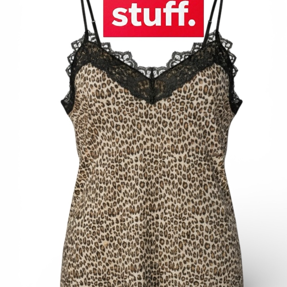 Everleigh Animal Print Cami Crinkle Release Pleate black lace accent Size S